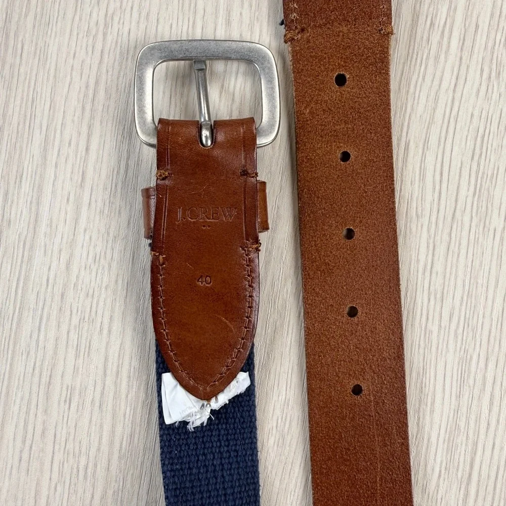 J.Crew Mens Belt Size 40 Navy White‎ Gingham Canvas Brown Leather Trim Preppy